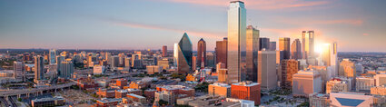 Dallas, Texas cityscape with blue sky at sunset, Texas